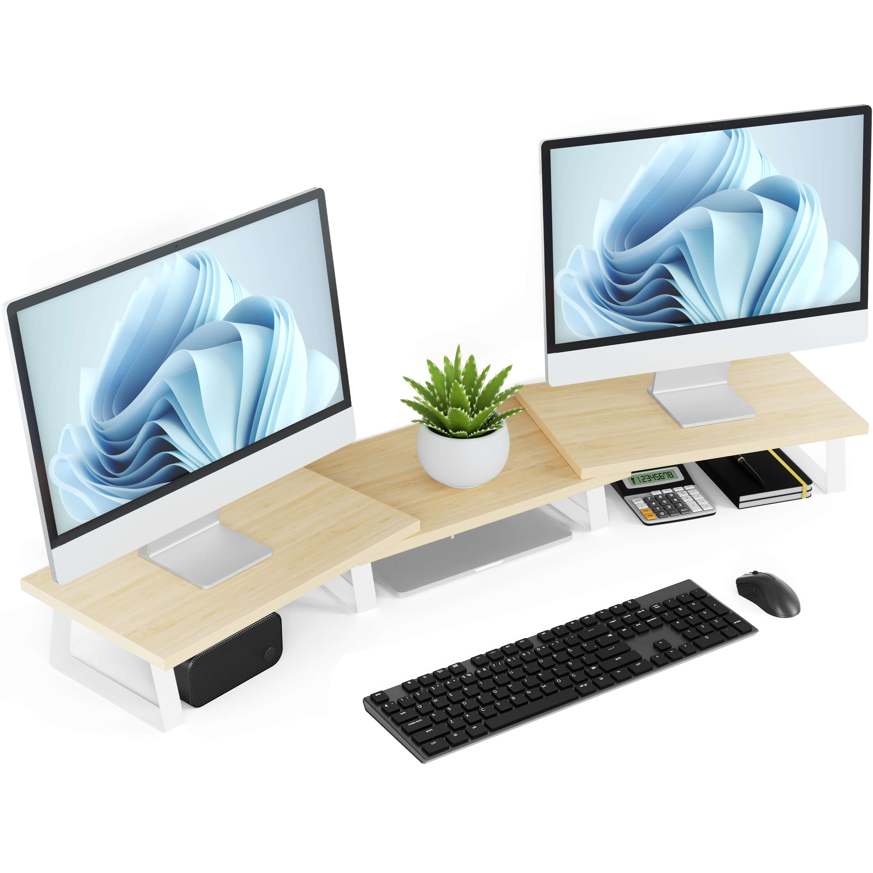 Aothia grande supporto per doppio monitor, mensola da scrivania in legno  massello con gambe in eco sughero per computer portatile/TV/PC/stampanti  per
