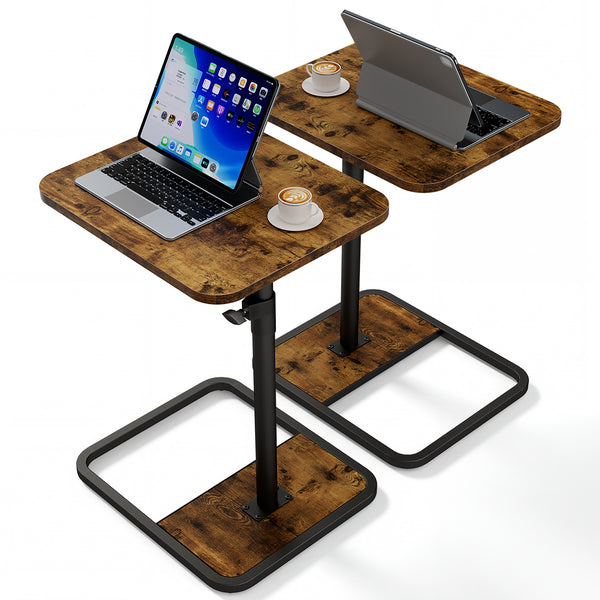 Large TV Tray Table Set of 2, C-Shaped Side Table with Adjustable Height & Rounded Corners, Snack Table for Couch, Bed or Recliner, for Laptop, Eating & Working, Brown